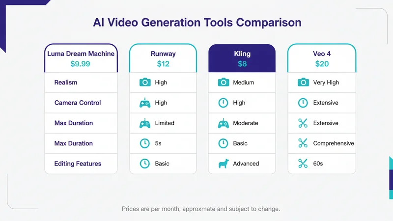 Luma Dream Machine vs Runway vs Kling vs Veo 4 比較