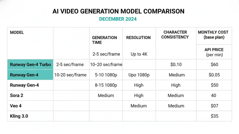 Runway Gen-4 Turbo vs Gen-4 vs Sora 2 vs Veo 4 vs Kling 3.0 比較