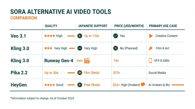 Sora代替ツール比較表