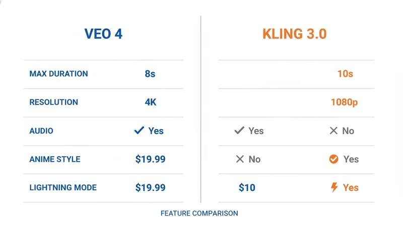 Veo 4 vs Kling 3.0 機能比較