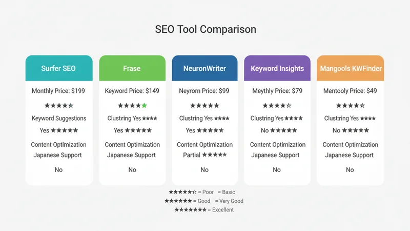 Surfer SEO vs Frase vs NeuronWriter vs Keyword Insights vs Mangools 比較