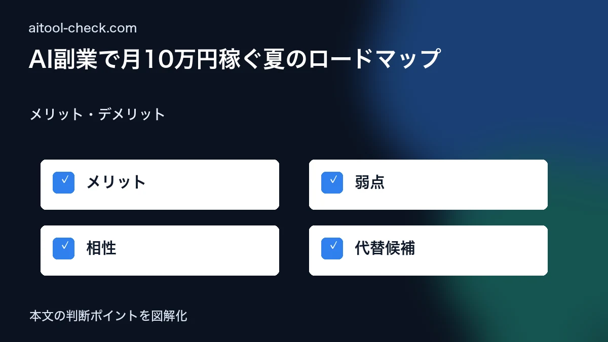 AI副業で月10万円稼ぐ夏のロードマップ|フリーランス・個人事業主の具体例と稼ぎ方【2026年版】 メリット・デメリット 図解