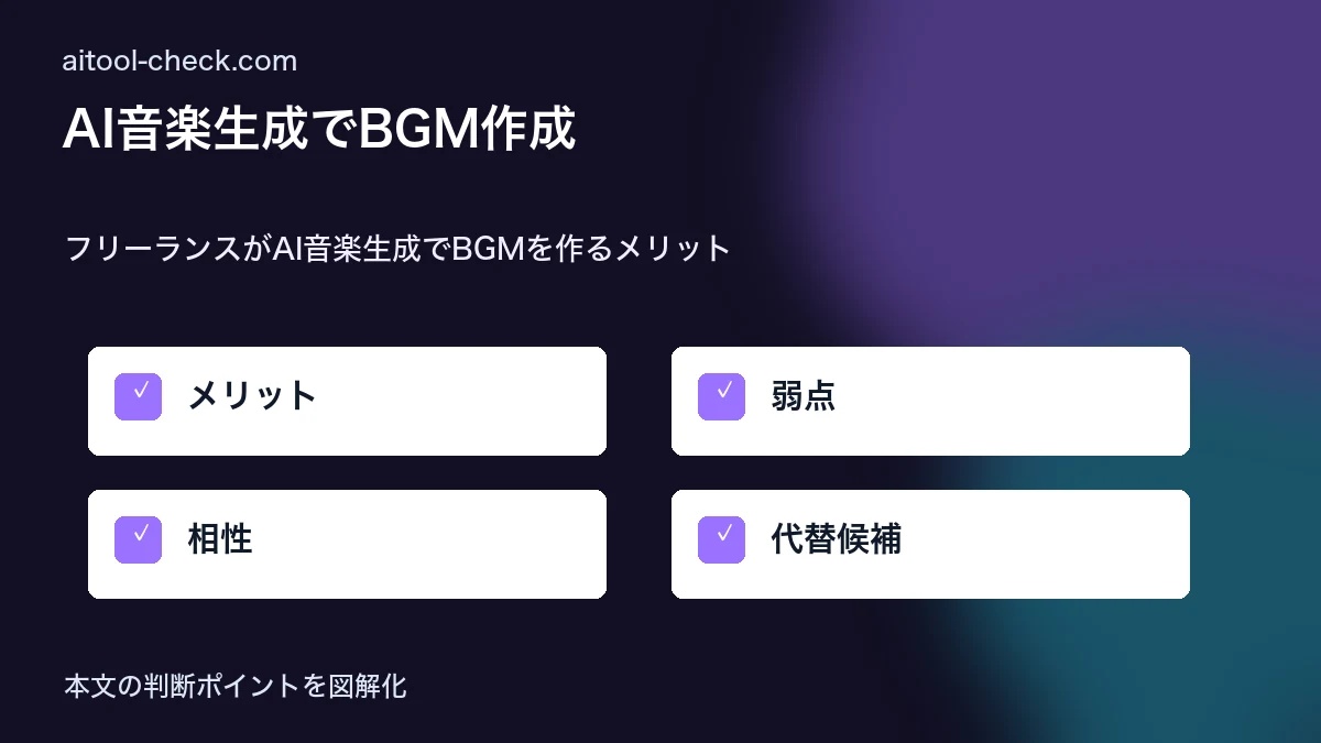 AI音楽生成でBGM作成|フリーランスが商用利用できるツール厳選 フリーランスがAI音楽生成でBGMを作るメリット 図解