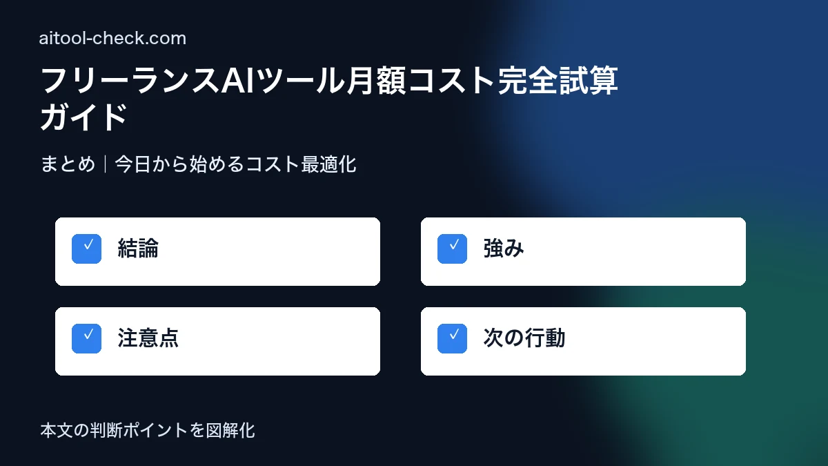 フリーランスAIツール月額コスト完全試算ガイド|従量課金時代の最安構成と実質手取りシミュレーション【2026年7月版】 まとめ|今日から始めるコスト最適化 図解