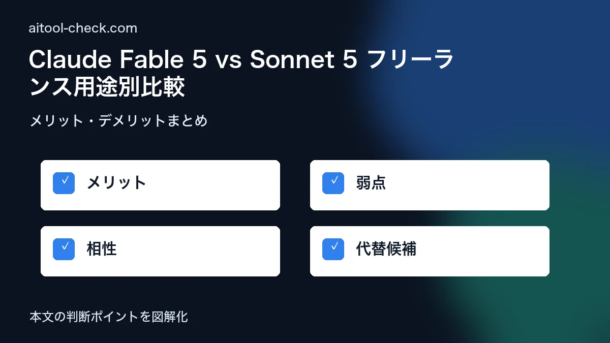 Claude Fable 5 vs Sonnet 5 フリーランス用途別比較｜ライター・エンジニアはどっちを使うべき【2026年7月版】 メリット・デメリットまとめ 図解