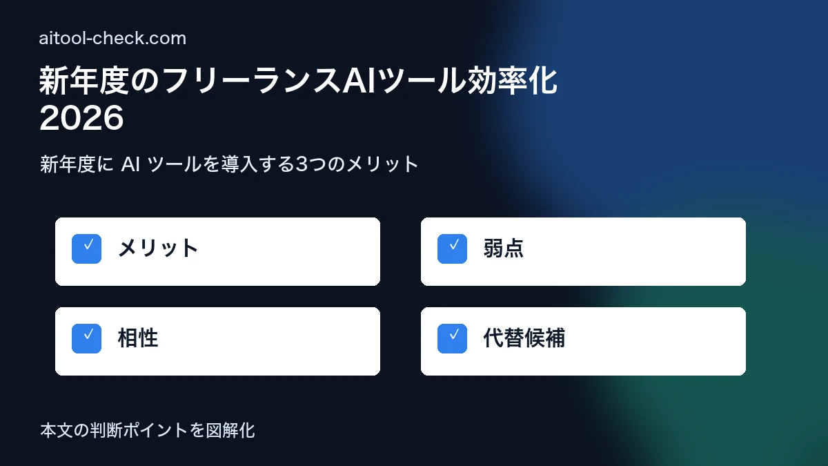 新年度のフリーランスAIツール効率化2026｜4月から始める業務改革 新年度に AI ツールを導入する3つのメリット 図解