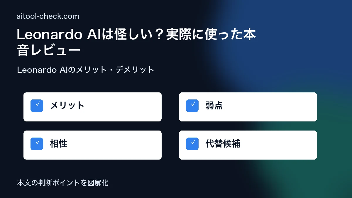 Leonardo AIは怪しい？実際に使った本音レビュー｜料金・評判・使い方【2026年】 Leonardo AIのメリット・デメリット 図解