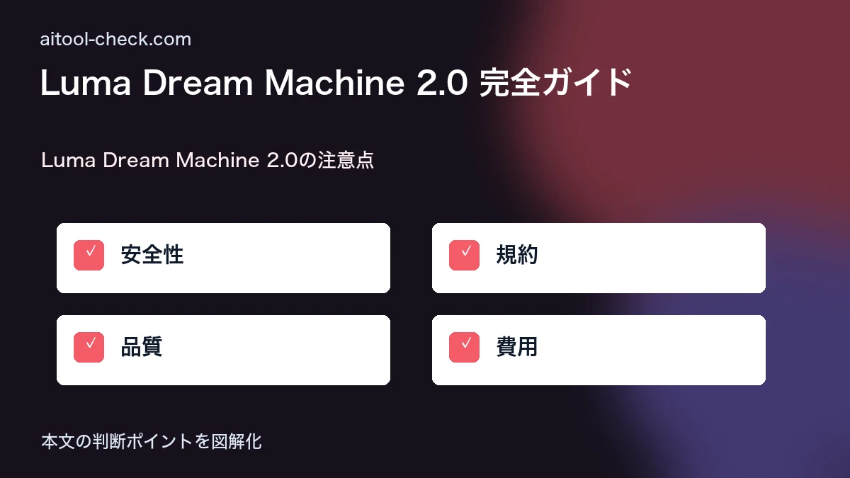Luma Dream Machine 2.0 完全ガイド|使い方・料金・Veo 4 / Kling 3.0 との違い Luma Dream Machine 2.0の注意点 図解