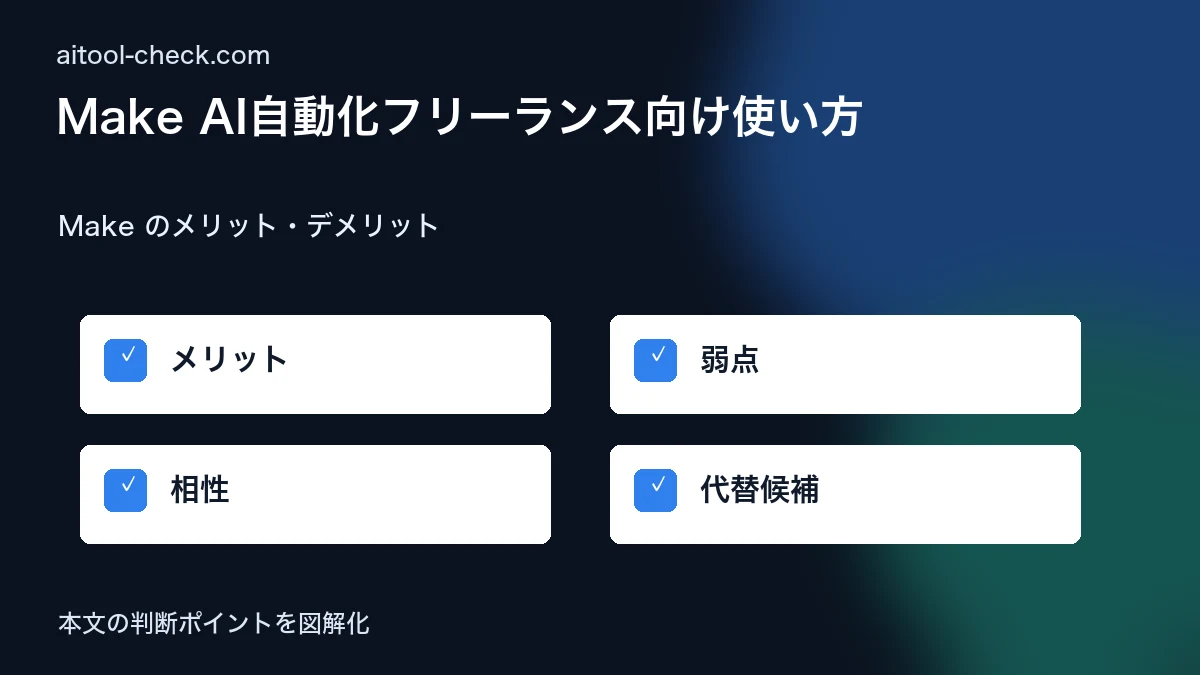 Make AI自動化フリーランス向け使い方|Zapierとの比較も Make のメリット・デメリット 図解