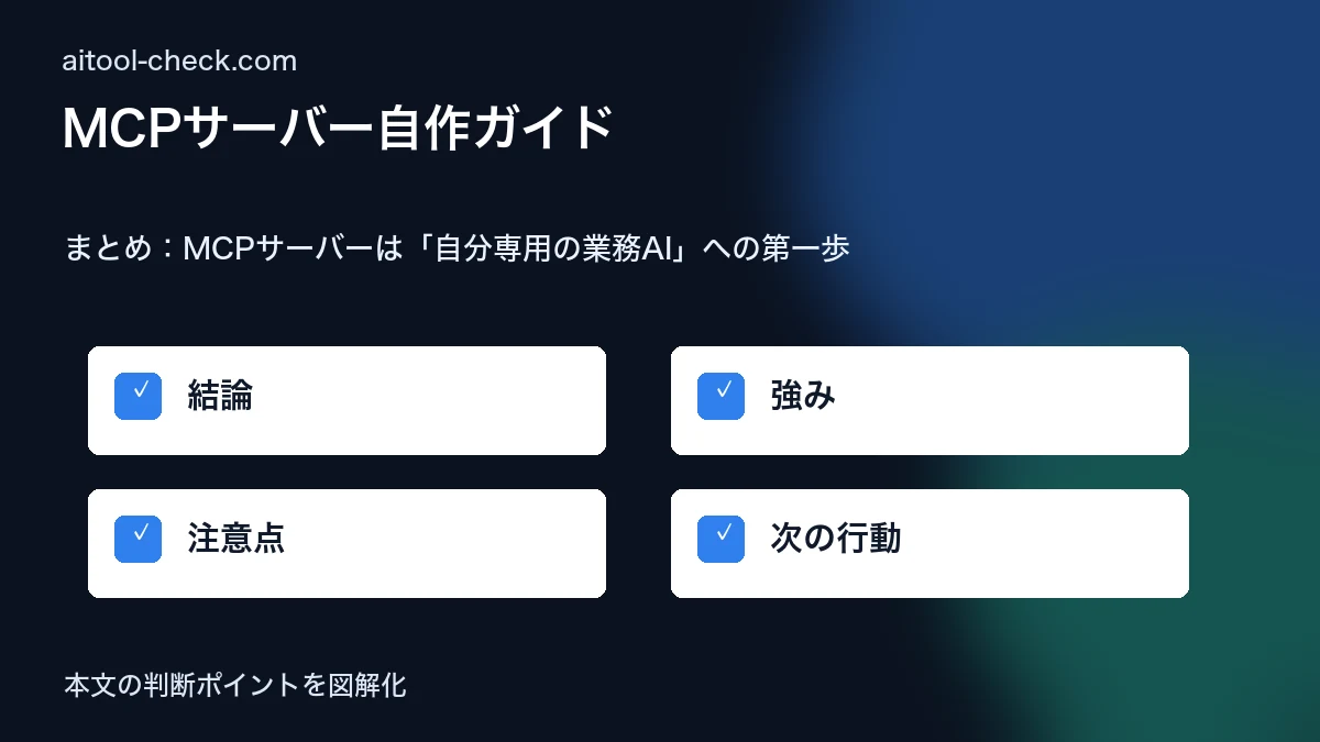MCPサーバー自作ガイド｜フリーランスがClaude連携で業務を自動化する方法 まとめ：MCPサーバーは「自分専用の業務AI」への第一歩 図解