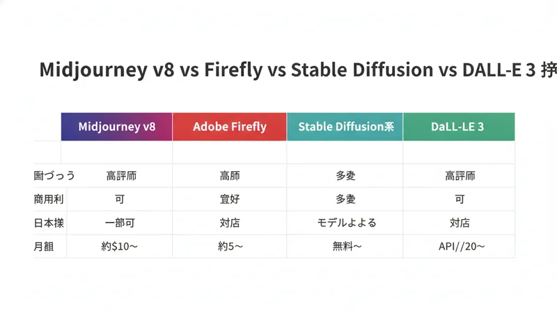 Midjourney v8 vs Firefly vs Stable Diffusion vs DALL-E 3 比較表