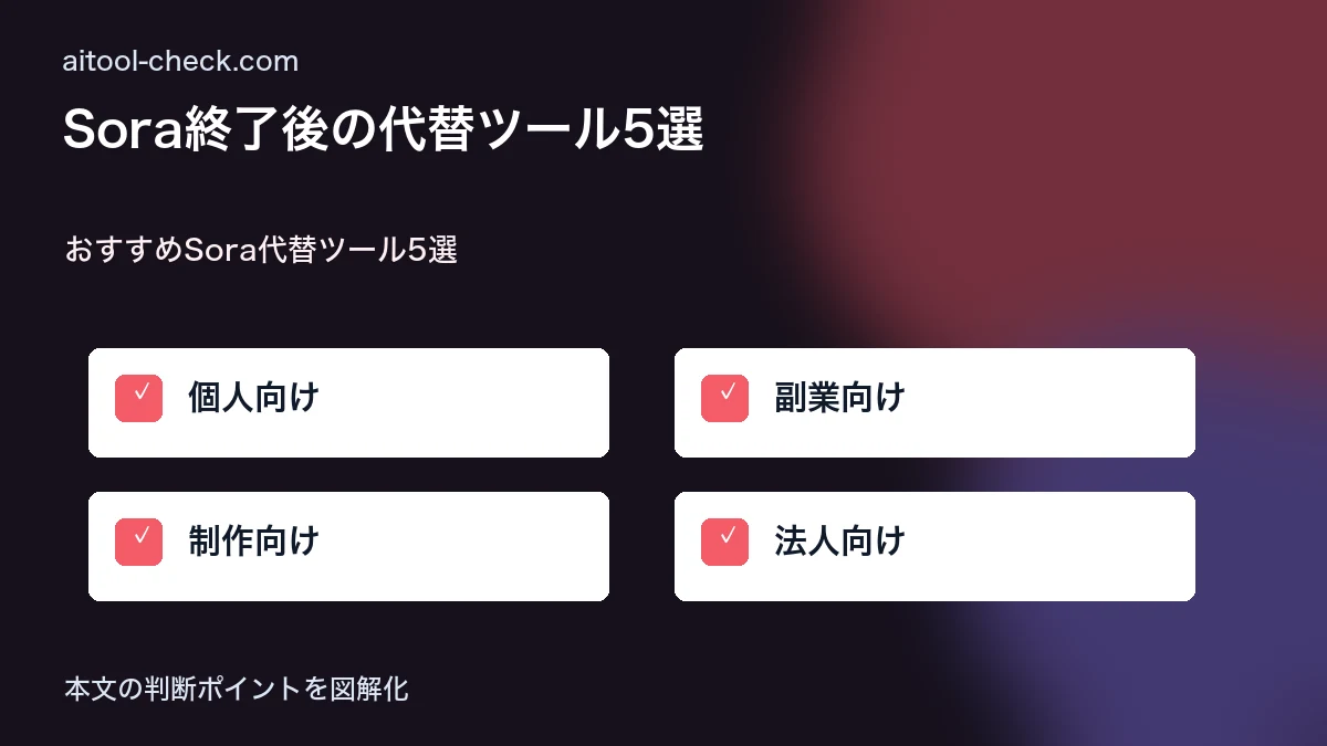 Sora終了後の代替ツール5選|Veo 3.1・Kling 3.0・Runwayを徹底比較 おすすめSora代替ツール5選 図解