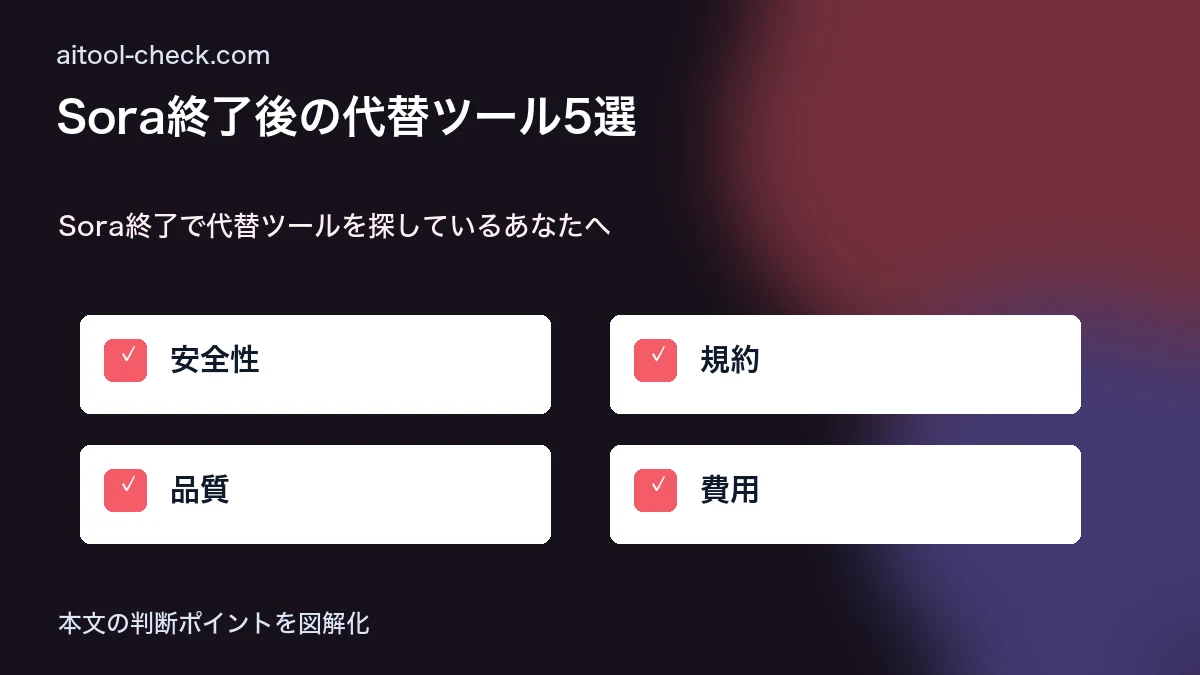 Sora終了後の代替ツール5選|Veo 3.1・Kling 3.0・Runwayを徹底比較 Sora終了で代替ツールを探しているあなたへ 図解