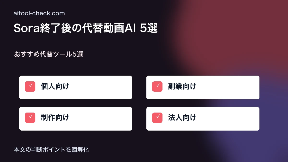 Sora終了後の代替動画AI 5選|フリーランス目線で徹底比較 おすすめ代替ツール5選 図解