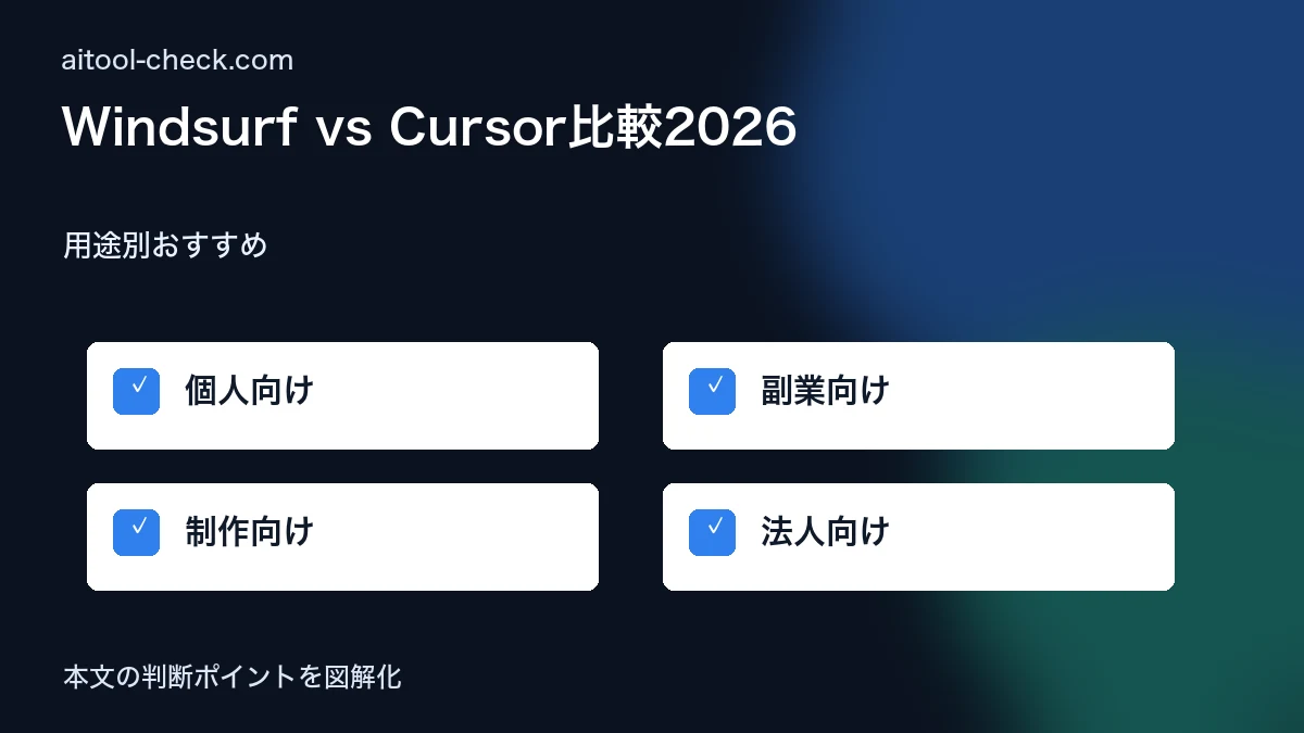 Windsurf vs Cursor比較2026｜料金・速度・エージェント機能 用途別おすすめ 図解