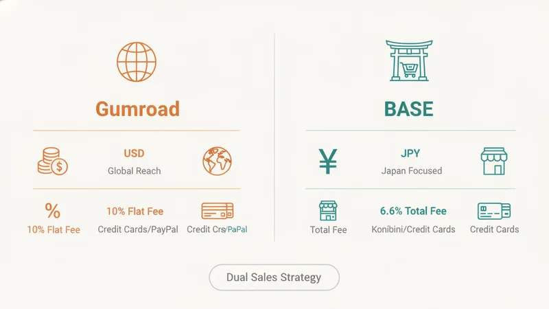 Gumroad BASE 手数料 決済方式 対応市場 比較表