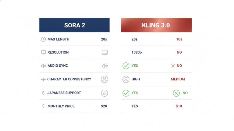 Sora 2 Kling 3.0 機能比較表
